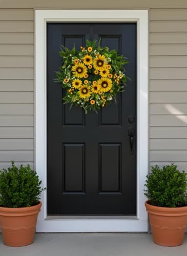 sunflower wreath for front door, 24 inch spring shown in use