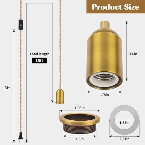 Plug in Pendant Light Cord 15FT Hemp Rope, Hanging Lamp Kit | Twisted rope cord, ceramic E26 socket, gold aluminum shell, inline switch, rustic hanging lantern style