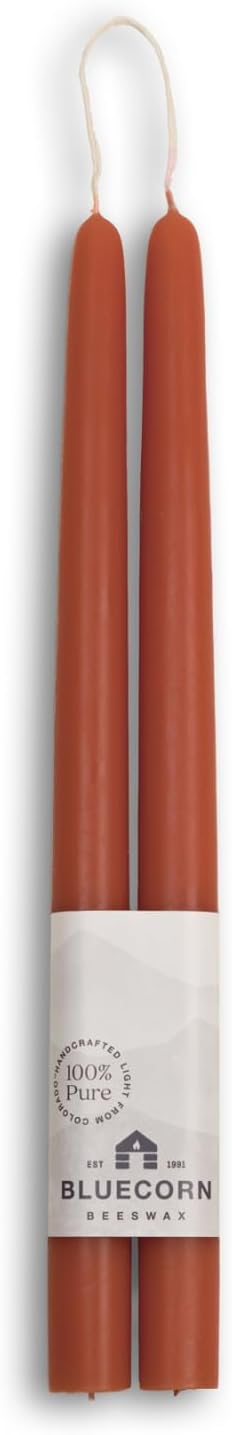 Bluecorn Beeswax Taper Candles, 12 Inch Terracotta, 2 Count | 100% Pure Natural Bees Wax, Clean Burning & Dripless, Fragrance Free, Long Lasting, American Made
