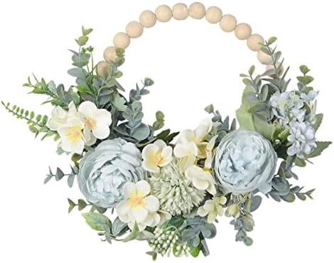 wood bead floral blue wreath boho farmhouse decor shown in use
