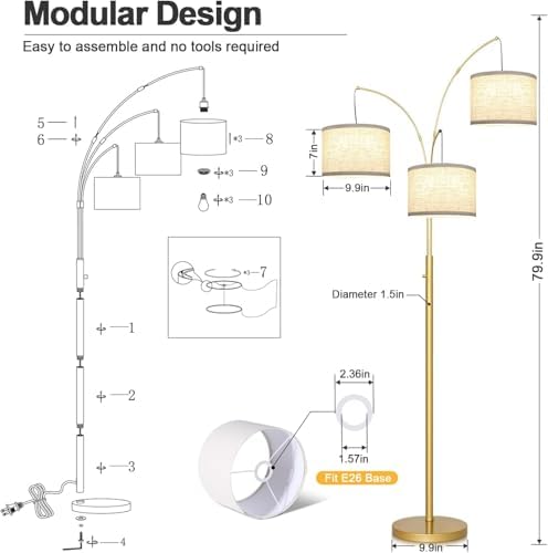 nintiue dimmable floor lamp - 3 lights gold, front angle view