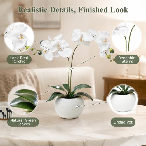 artificial flowers indoor, white fake orchid in pot shown in use