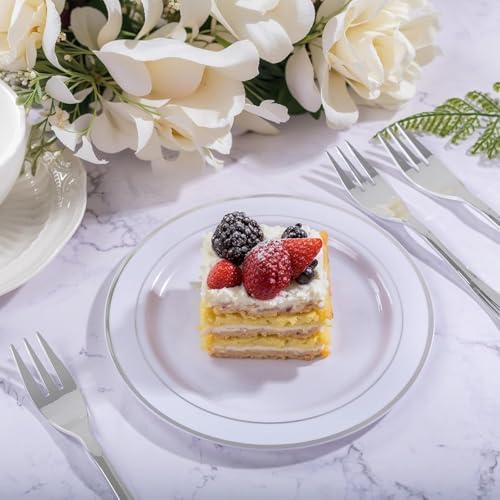 wellife 240pcs silver plastic dessert plates - includes, close-up detail