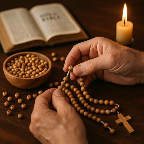 zuluf 4mm bethlehem olive wood catholic rosary beads on a desk or shelf