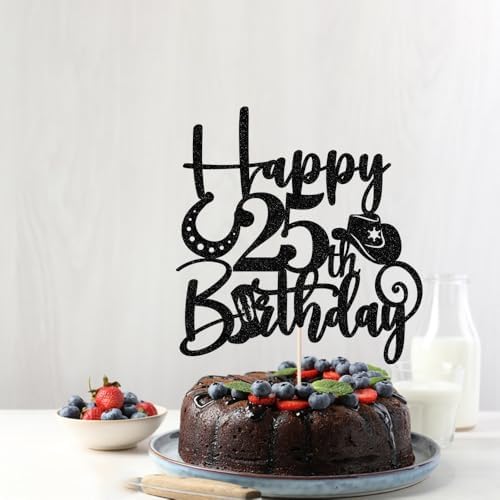 Kaoenla Glitter Black "Happy 25th Birthday" Cowboy Themed Cake Topper - Western Style Party Decoration for 25th Birthday & anniversary photo props Celebration