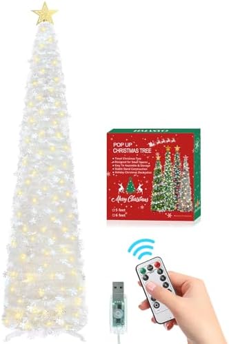 hmasyo 6 ft pop up tinsel christmas tree, front angle view