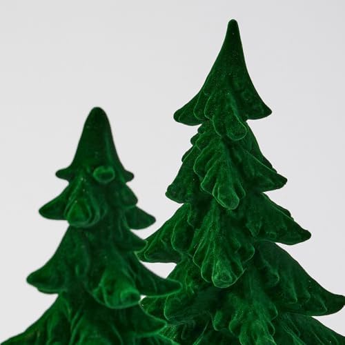 dn deconation flocked christmas tree figurines, green velvet, front angle view