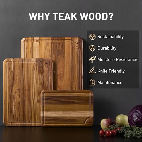 teak wood cutting boards for kitchen 3 pack shown in use