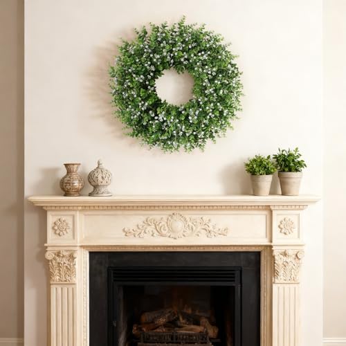 26" artificial eucalyptus wreath with flowers for front, package contents