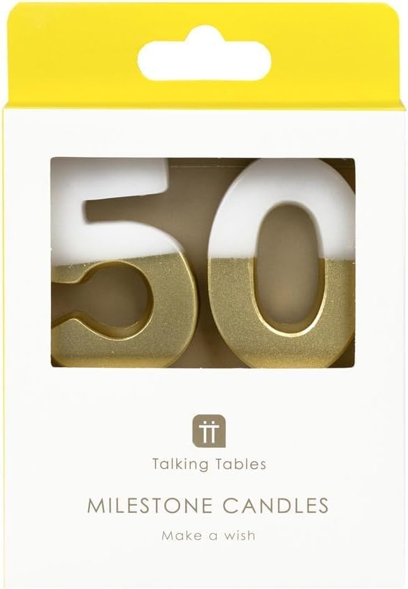 Talking Tables White and Gold Number 50 Birthday Candles for Cakes Cake Topper Decoration Premium Quality One and Six Candles Anniversary Party Milestone Age 2.1 Inches Height Recycled Packaging