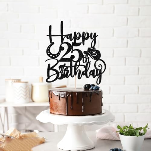 Kaoenla Glitter Black "Happy 25th Birthday" Cowboy Themed Cake Topper - Western Style Party Decoration for 25th Birthday & anniversary photo props Celebration