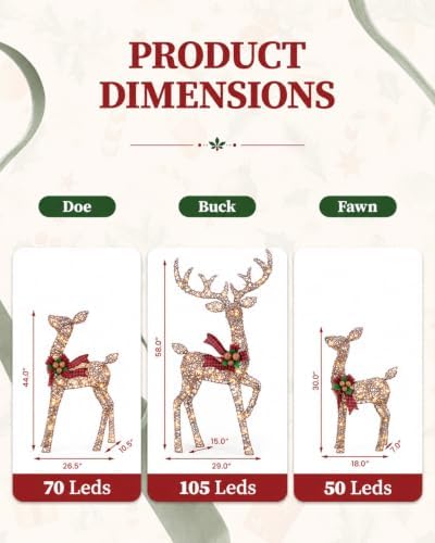 navine 4.85ft 3-piece large lighted christmas deer family, close-up detail