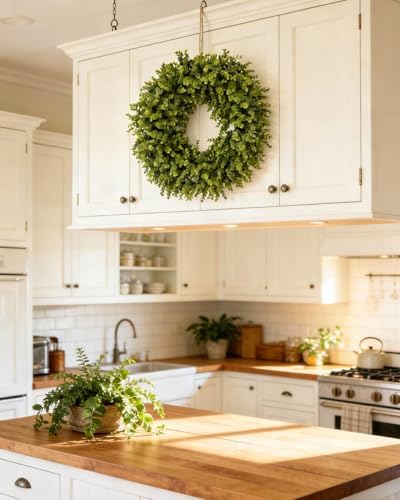 24" artificial boxwood wreaths for front door, aux on a desk or shelf