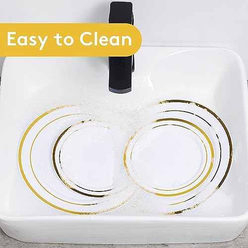 goodluck 200pcs gold plastic plates, heavy duty disposable on a desk or shelf