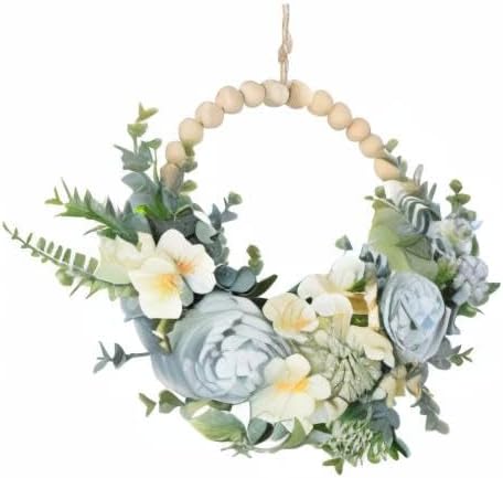wood bead floral blue wreath boho farmhouse decor on a desk or shelf