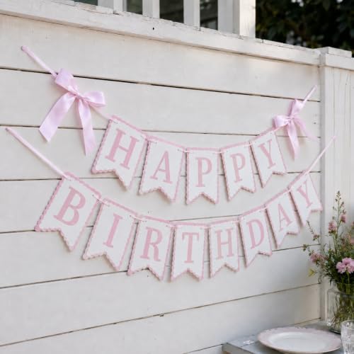 Pink Happy Birthday Banner with Satin Bows, Coquette Bow Birthday Decor | Bow theme party decor for coquette birthdays, cake table displays and photo backdrops.