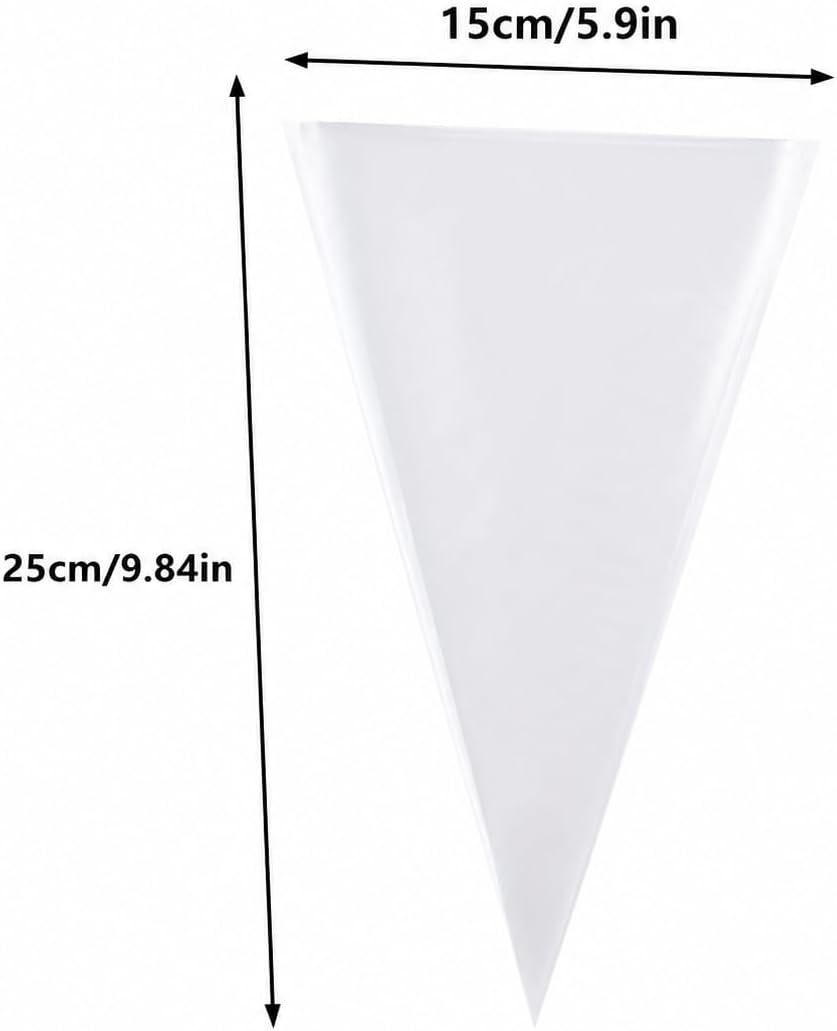 50pcs Clear Cone Cellophane Bags, Cello Cone-Shaped Treat Bags with Twist Ties, Plastic Triangle Bags for Popcorn and Candy Favors