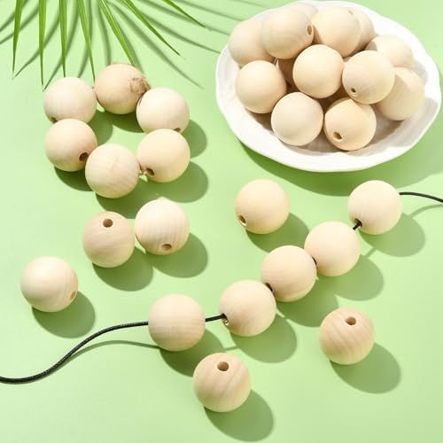 ornazy 100pcs natural wood balls with big hole showing dimensions