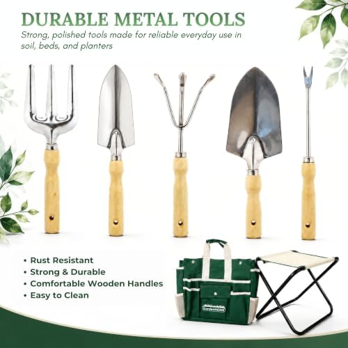 gardenhome 7-piece garden tool set with folding stool showing dimensions