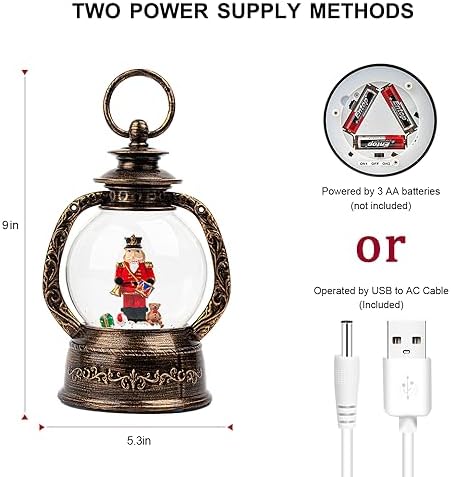 Christmas Snow Globe Lantern Water Glittering Nutcracker with Music & Timer, USB Lined/Battery Operated Lighted Lantern for Christmas Festival Decoration Gifts