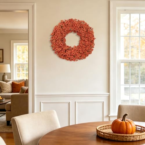 24" orange fall wreath for front door, artificial, front angle view