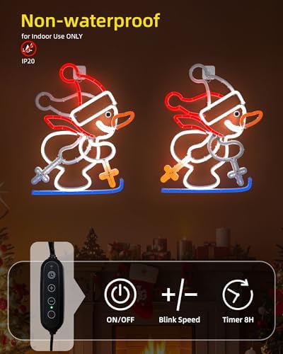 christmas snowman neon sign, skiing snowman led neon, close-up detail