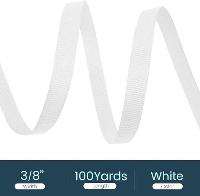 3/8" X 100 Yards White Grosgrain Ribbon, Premium Grosgrain Ribbon for Sewing, Gift Wrapping, Bow Making, Wedding Decor, Wrapping and More (White)