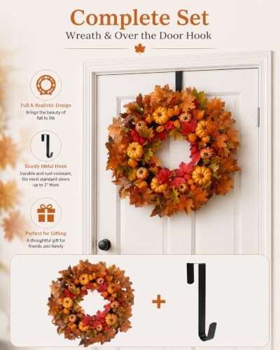 thanksgiving fall wreath for front door 24 inch, side view