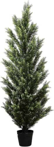 two 5 foot outdoor artificial cedar topiary trees, side view