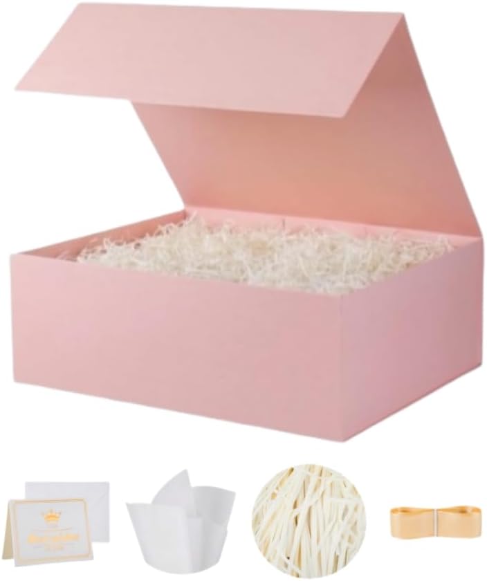 UoeRing 1 Pcs Pink Gift Box 9.5x6x3 Inch with Magnetic Lid | Collapsible Luxury Present Box,for Birthday,Christmas Holiday Gift Includes Card,Ribbon,Tissue Paper & Shredded Filler