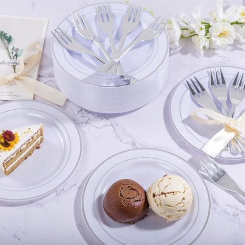 wellife 240pcs silver plastic dessert plates - includes, side view
