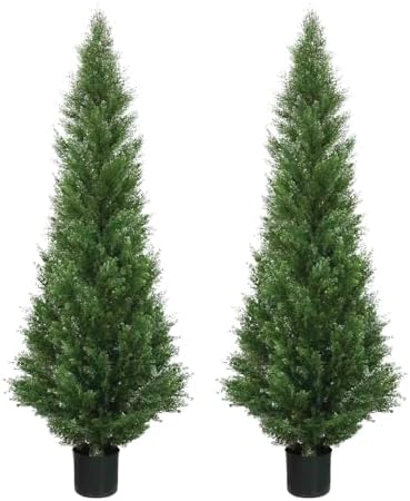 two 5 foot outdoor artificial cedar topiary trees, main product view
