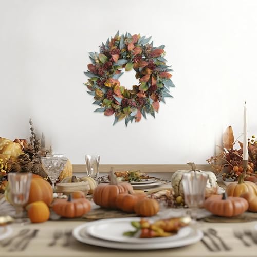 22-inch fall front door wreath artificial green brown showing dimensions