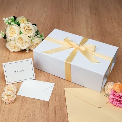 UoeRing 1 Pcs White Gift Box 9.5x6x3 Inch with Magnetic Lid | Collapsible Luxury Present Box,for Birthday,Christmas Holiday Gift Includes Card,Ribbon