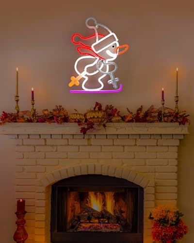 christmas snowman neon sign, skiing snowman led neon on a desk or shelf