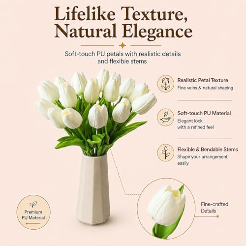 Mandy's 20pcs Artificial White Tulips | 13.5 Inch Lifelike PU Tulips Faux Floral Arrangement for Kitchen Island Dining Table Centerpieces and Home Decor