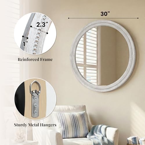 solid wood 30 inch round beaded bathroom mirror, front angle view