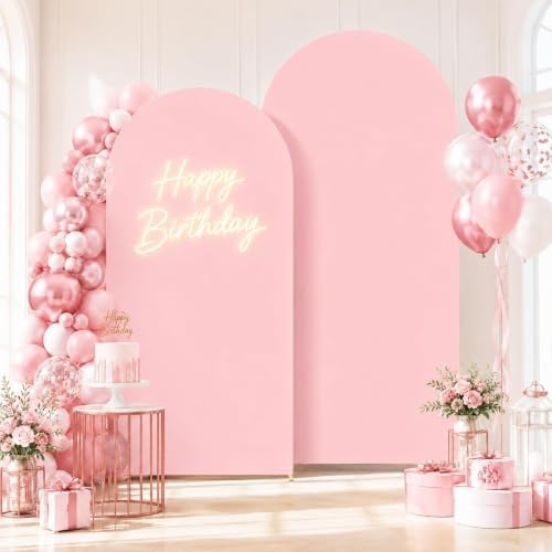 metal arch backdrop stand and pink cover set shown in use