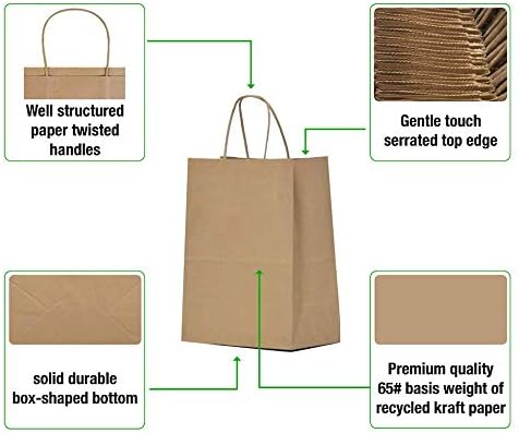 Qutuus 10x5x13 Kraft Paper Bags 100 Pcs Kraft Shopping Bags, Paper Gift Bags for Retail, Merchandise, Recycled Bulk Paper Sacks, Brown Paper Bags with Handles Bulk