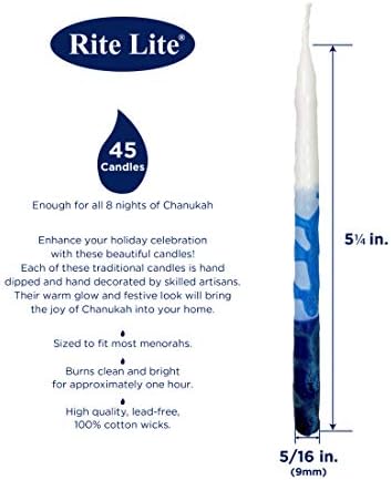 Rite -Lite Judaica Premium Chanukah Candles. Handcrafted, Tri-Color Blue/White Stripe. Box of 45