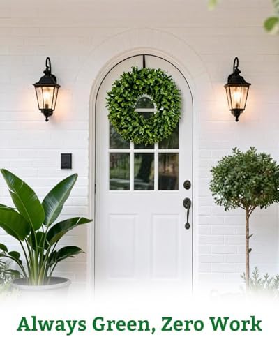 24" artificial boxwood wreaths for front door, aux, close-up detail