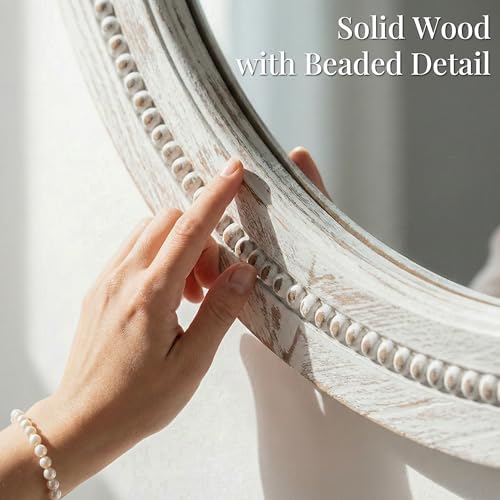 solid wood 30 inch round beaded bathroom mirror shown in use