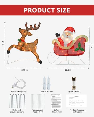 christmas lighted decoration 24 inch reindeer with sleigh, close-up detail