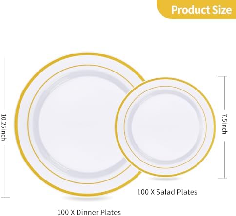 goodluck 200pcs gold plastic plates, heavy duty disposable, side view