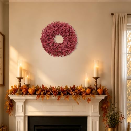 20" burgundy fall wreath for front door, artificial, view 9