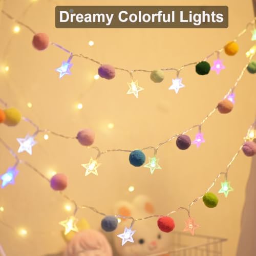 9.85FT String Lights for Kids Room with 20 Cute PomPoms 20 Colorful Star LED Indoor String Lights Battery Operated with Timer for Girls Bedroom Birthday Party Kids Playhouse Wedding Party Decoration
