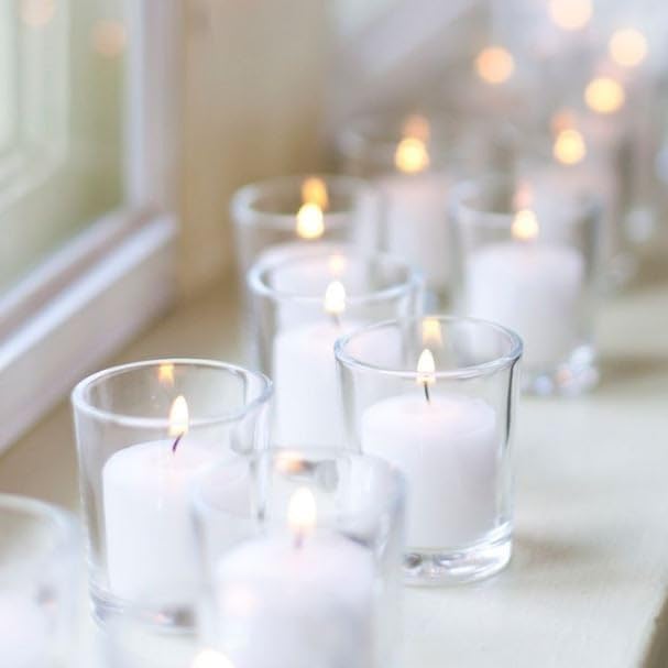 Set of 72 Richland® Votive Candles White Unscented and 72 Eastland® Votive Holders Clear