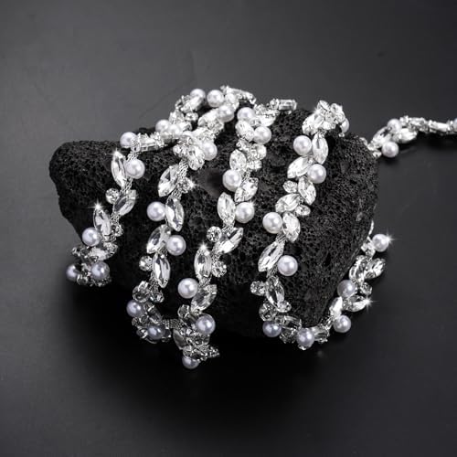 novani pearls silver rhinestones trim chain 3 yards（t214,3y）, front angle view