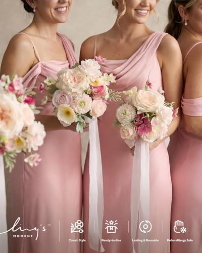 Ling's moment Artificial Flowers Powder Pink Cream Bridesmaid Bouquet 4 Pcs | Pink Wedding Flowers, 7 Inch Bridal Bouquets, For Bridesmaids