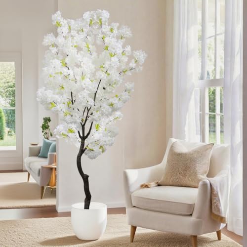 bincue artificial white cherry blossom tree fake tree, front angle view